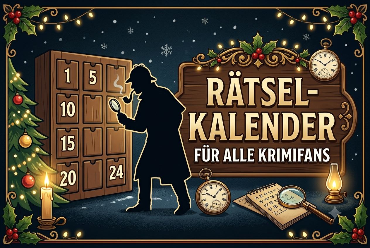 Silhouette von Sherlock Holmes mit Pfeife und Lupe und weiteren klassischen Detektivmaterialien